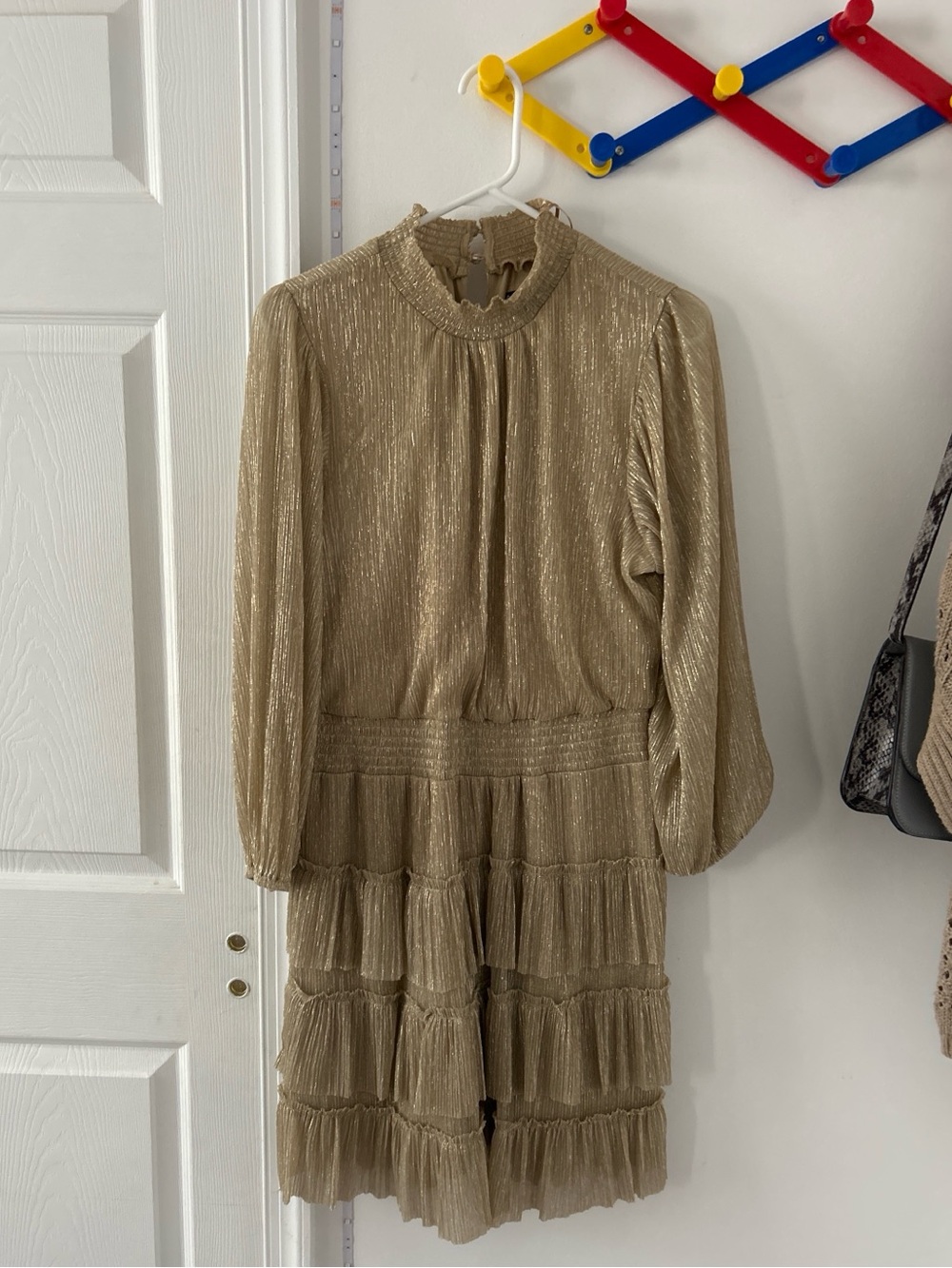 Gold Metallic Tiered Long Sleeve Dress